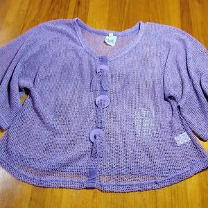 Noelle Purple Crochet Knit Open Weave Button Up Cardigan Sweater 1 Size coquette